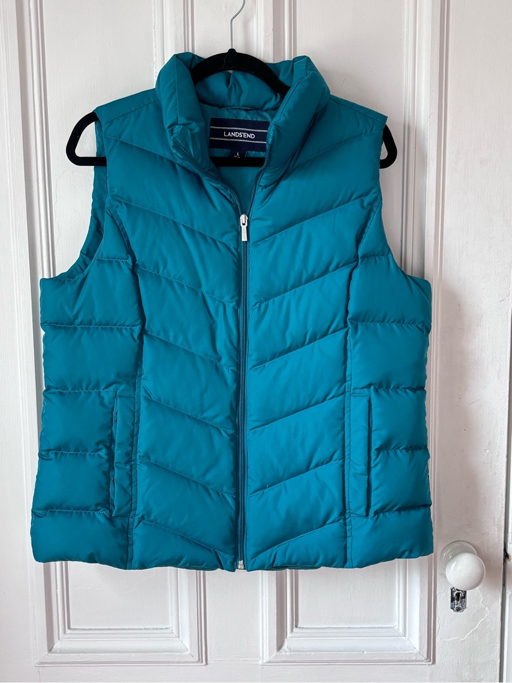 Women’s Lands End Teal Blue Quilted Down Puffer Vest Zip Up Size Large